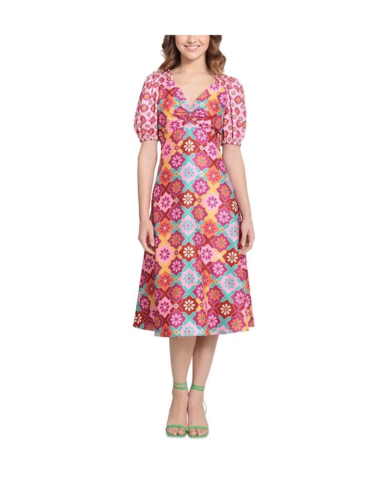 Women's Daisy Gingham V-Neck Midi Dress Soft White/pink $75.84 Dresses