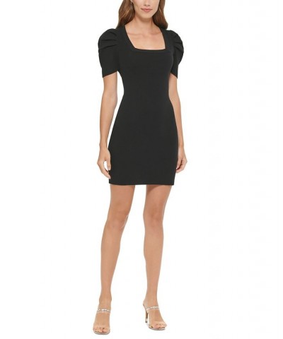 Women's Ribbed-Knit Puff-Sleeve Bodycon Dress Black $31.07 Dresses