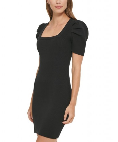 Women's Ribbed-Knit Puff-Sleeve Bodycon Dress Black $31.07 Dresses