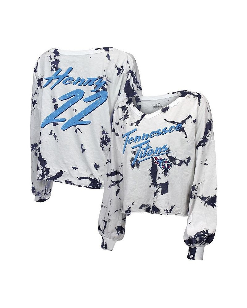 Women's Derrick Henry White Tennessee Titans Off-Shoulder Tie-Dye Name and Number Long Sleeve V-Neck T-shirt White $28.00 Tops