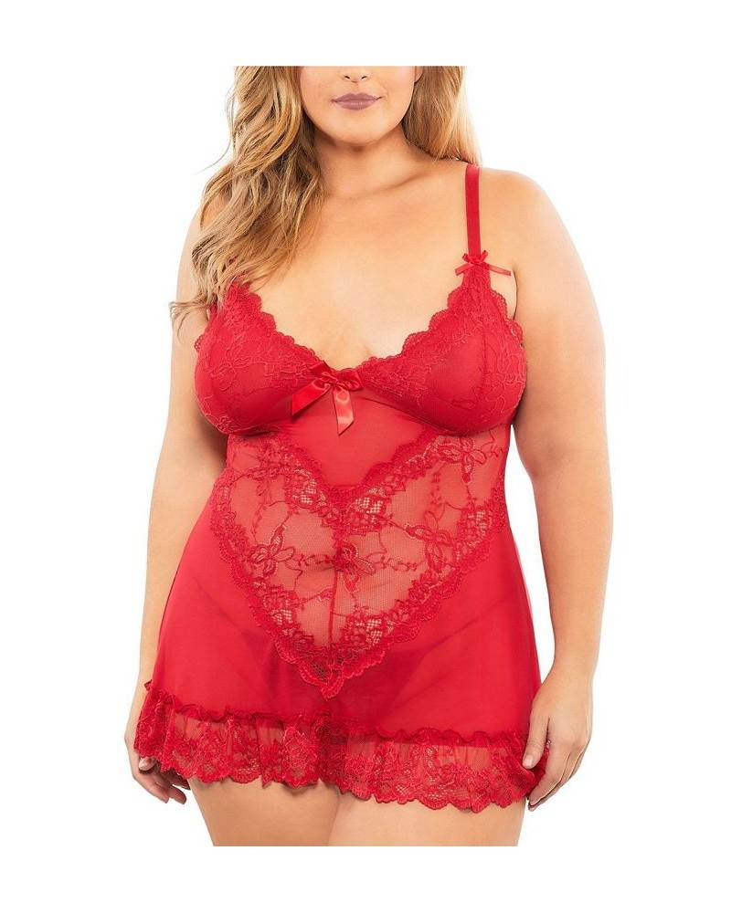 Plus Size Soft Cup Babydoll & G-String 2pc Lingerie Set Red $16.74 Lingerie