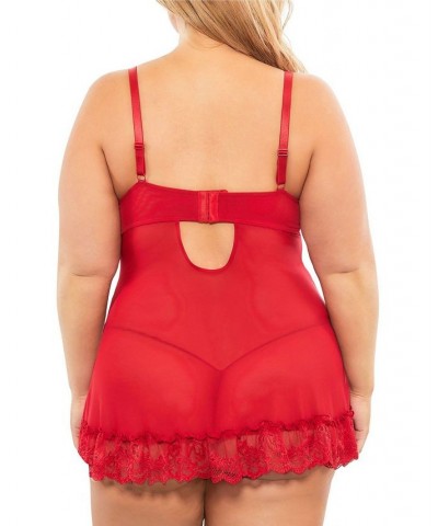 Plus Size Soft Cup Babydoll & G-String 2pc Lingerie Set Red $16.74 Lingerie