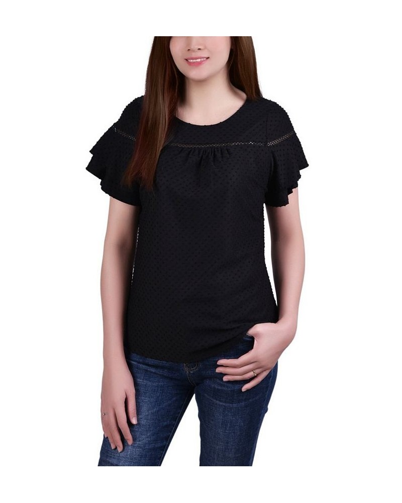 Petite Short Double Flutter Sleeve Swiss Dot Top Black $16.20 Tops