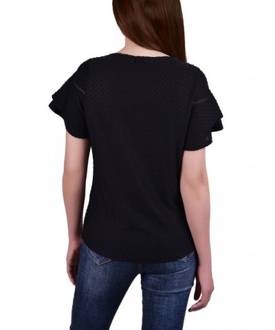 Petite Short Double Flutter Sleeve Swiss Dot Top Black $16.20 Tops