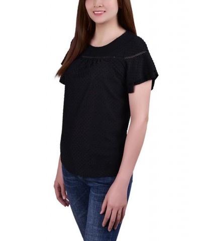 Petite Short Double Flutter Sleeve Swiss Dot Top Black $16.20 Tops