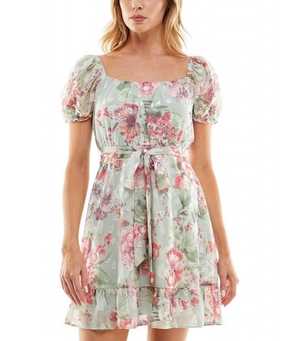 Junior's Floral-Print Scoop-Neck Short-Sleeve Dress Sage Coral $24.19 Dresses