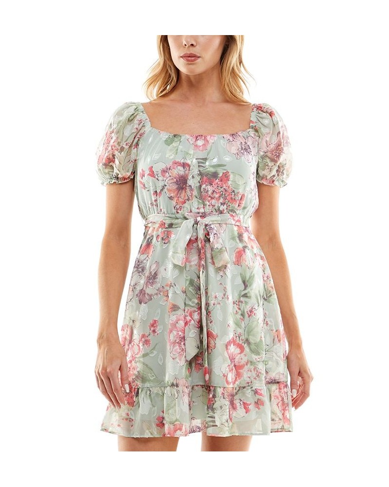 Junior's Floral-Print Scoop-Neck Short-Sleeve Dress Sage Coral $24.19 Dresses