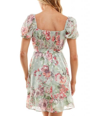 Junior's Floral-Print Scoop-Neck Short-Sleeve Dress Sage Coral $24.19 Dresses