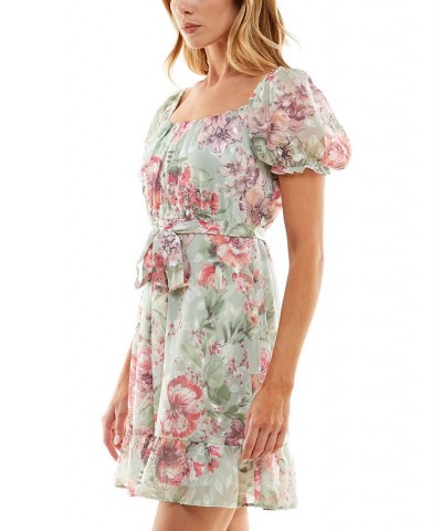 Junior's Floral-Print Scoop-Neck Short-Sleeve Dress Sage Coral $24.19 Dresses