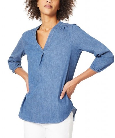 Women's V-Neck Pleat Front Tunic with Elastic Cuff Sleeves Top Light Wash $26.85 Tops