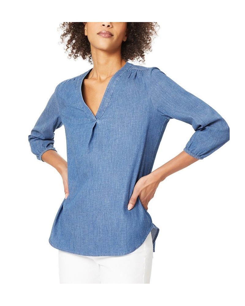 Women's V-Neck Pleat Front Tunic with Elastic Cuff Sleeves Top Light Wash $26.85 Tops