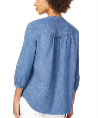 Women's V-Neck Pleat Front Tunic with Elastic Cuff Sleeves Top Light Wash $26.85 Tops