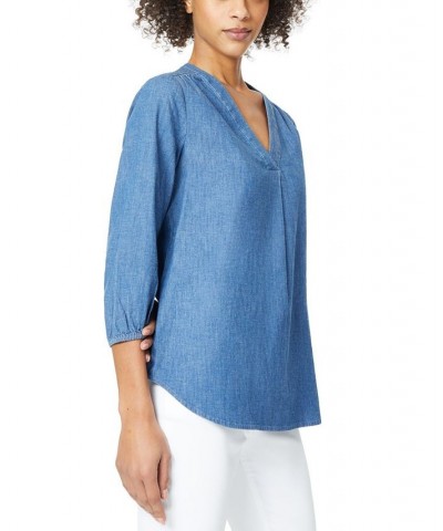 Women's V-Neck Pleat Front Tunic with Elastic Cuff Sleeves Top Light Wash $26.85 Tops