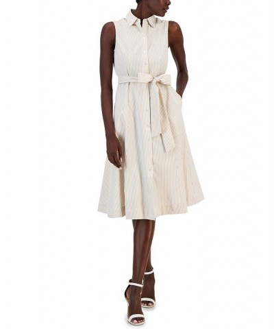 Women's Sleeveless Seersucker Belted Shirt Dress White $62.58 Dresses