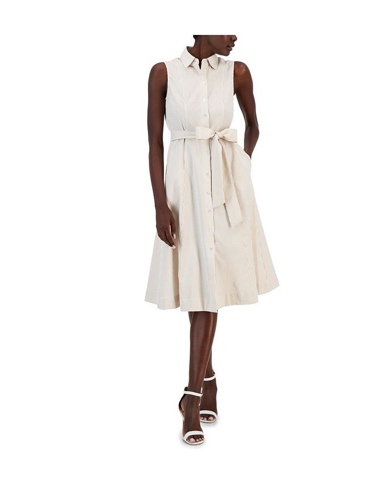 Women's Sleeveless Seersucker Belted Shirt Dress White $62.58 Dresses