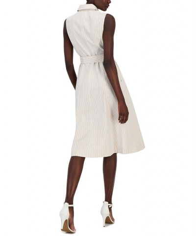 Women's Sleeveless Seersucker Belted Shirt Dress White $62.58 Dresses