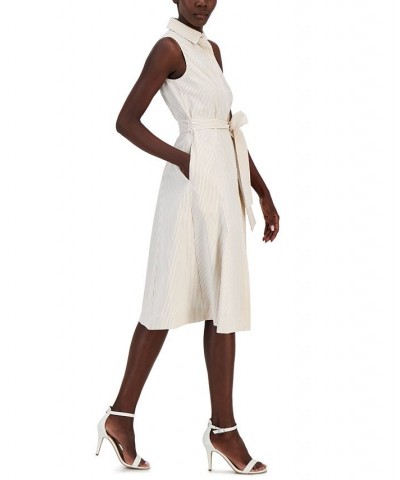 Women's Sleeveless Seersucker Belted Shirt Dress White $62.58 Dresses