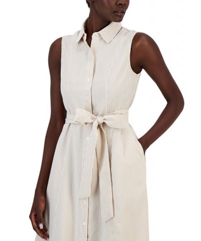 Women's Sleeveless Seersucker Belted Shirt Dress White $62.58 Dresses