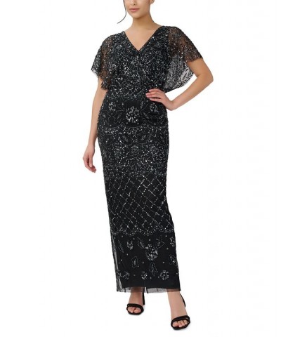 Women's Beaded Blouson Gown Black Gunmetal $132.21 Dresses