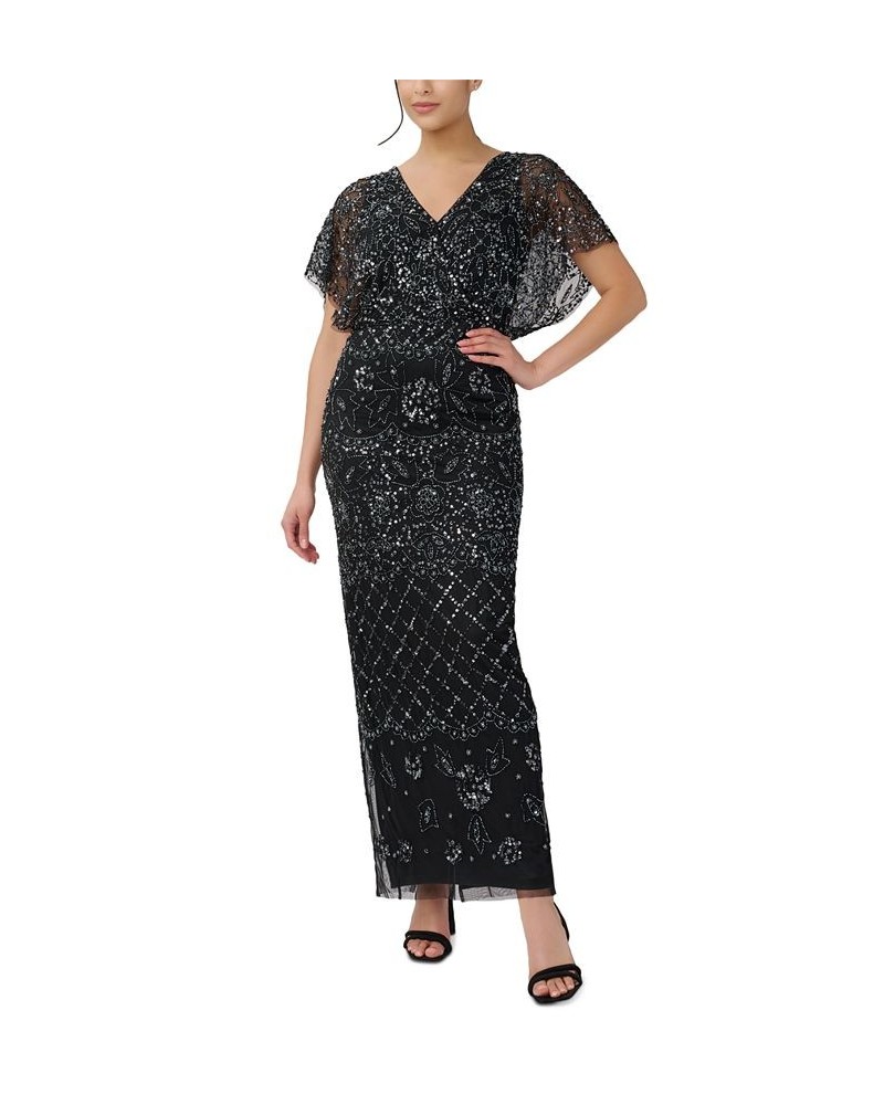 Women's Beaded Blouson Gown Black Gunmetal $132.21 Dresses