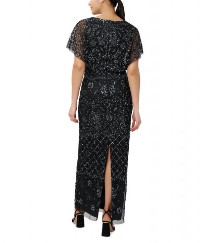 Women's Beaded Blouson Gown Black Gunmetal $132.21 Dresses