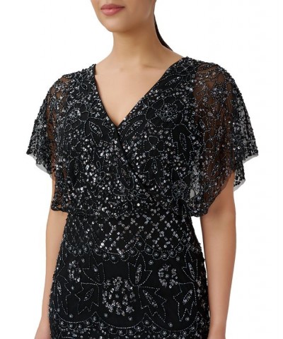 Women's Beaded Blouson Gown Black Gunmetal $132.21 Dresses