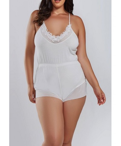 Cecily Plus Size Lace Ultra Soft Romper Trimmed in Sheer Mesh White $41.85 Sleepwear