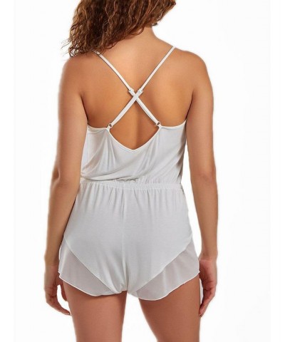 Cecily Plus Size Lace Ultra Soft Romper Trimmed in Sheer Mesh White $41.85 Sleepwear