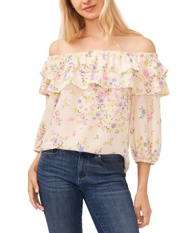 Women's Floral-Print Ruffled Off-The-Shoulder Blouse White $35.88 Tops