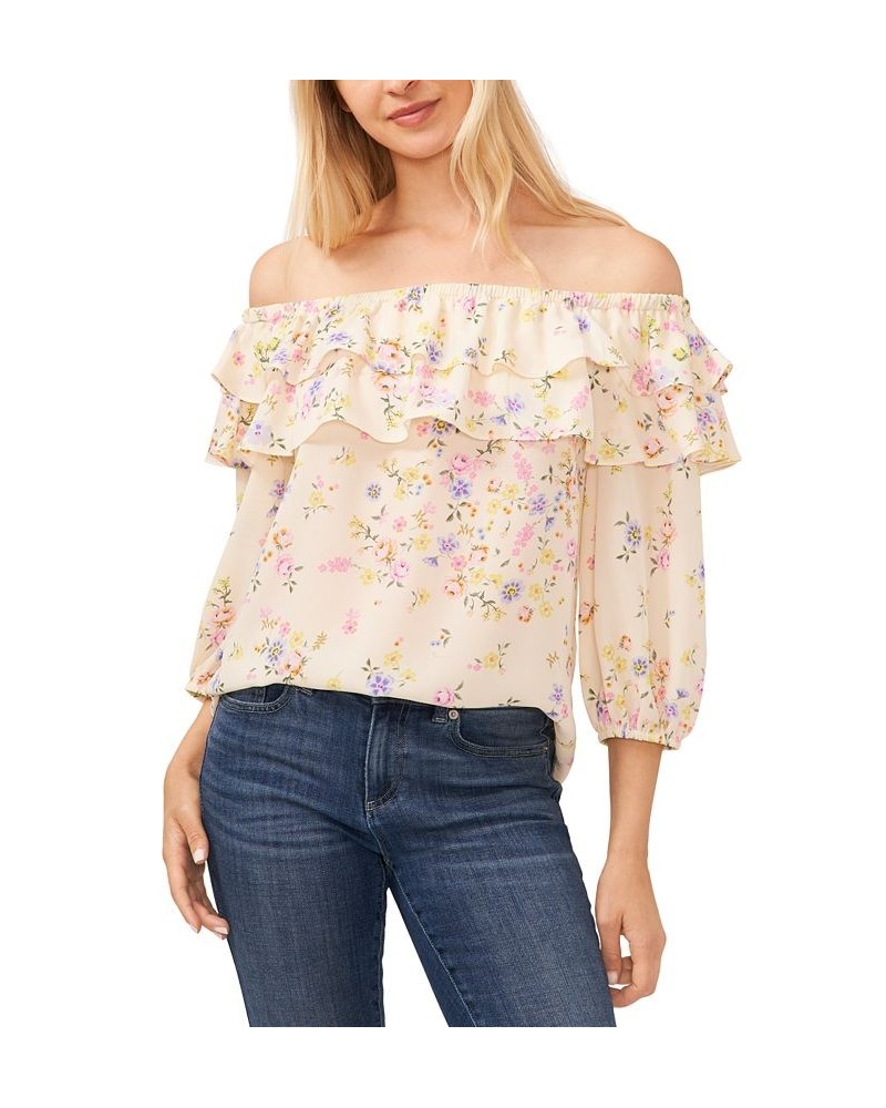 Women's Floral-Print Ruffled Off-The-Shoulder Blouse White $35.88 Tops