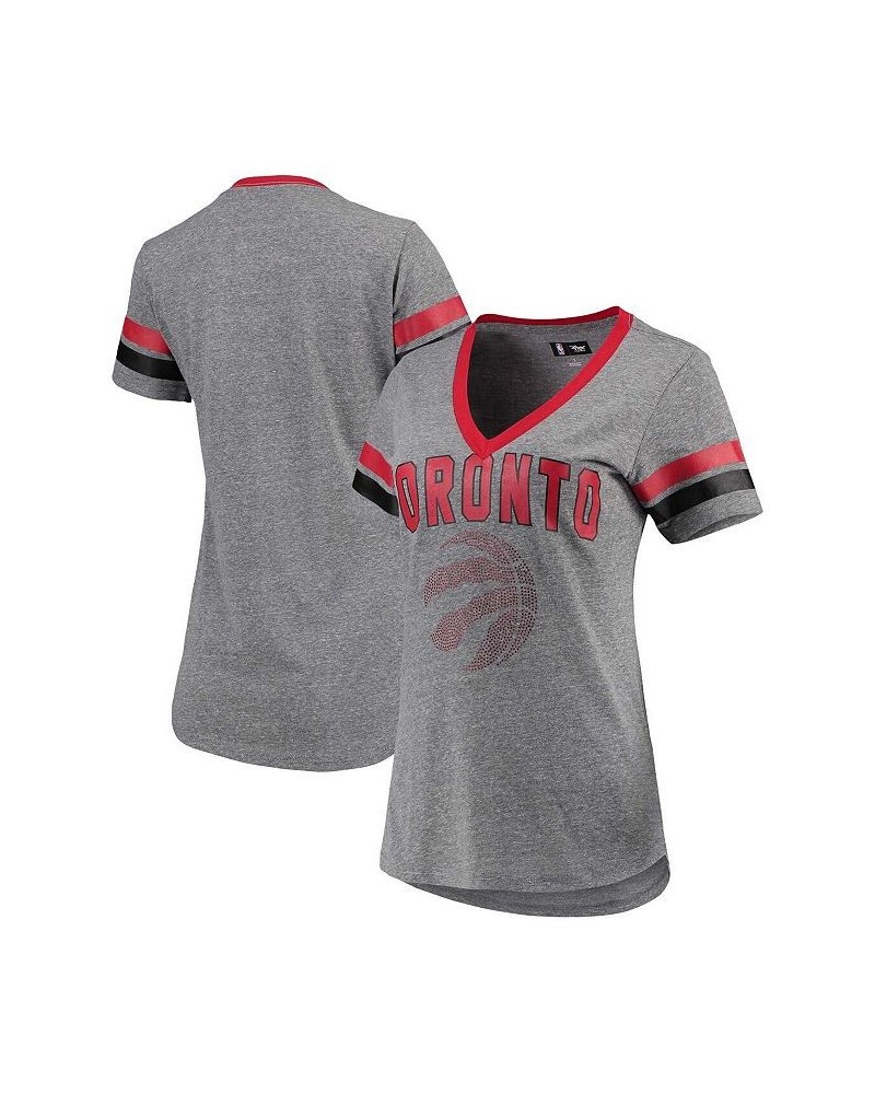 Women's Gray Red Toronto Raptors Walk Off Crystal Applique Logo V-Neck T-shirt Gray, Red $25.95 Tops