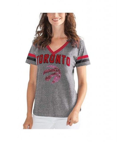 Women's Gray Red Toronto Raptors Walk Off Crystal Applique Logo V-Neck T-shirt Gray, Red $25.95 Tops