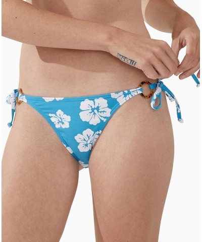Women's Printed Fixed-Side-Tie O-Ring Brazilian Bikini Bottoms Bonnie Blue Hibiscus $17.84 Swimsuits