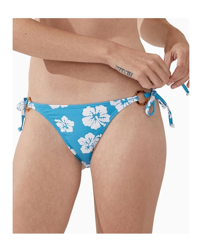 Women's Printed Fixed-Side-Tie O-Ring Brazilian Bikini Bottoms Bonnie Blue Hibiscus $17.84 Swimsuits