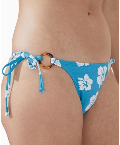 Women's Printed Fixed-Side-Tie O-Ring Brazilian Bikini Bottoms Bonnie Blue Hibiscus $17.84 Swimsuits