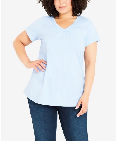 Plus Size Gathered V-neck Cotton Top Blue $30.09 Tops