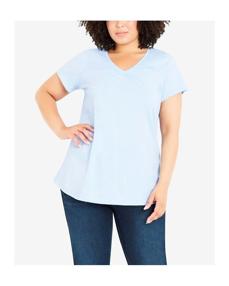 Plus Size Gathered V-neck Cotton Top Blue $30.09 Tops