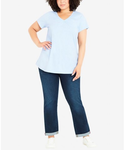 Plus Size Gathered V-neck Cotton Top Blue $30.09 Tops