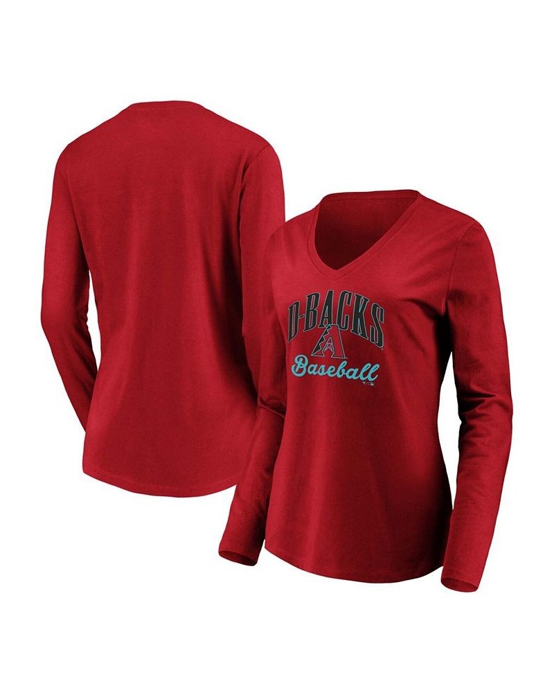 Women's Red Arizona Diamondbacks Victory Script V-Neck Long Sleeve T-shirt Red $23.39 Tops