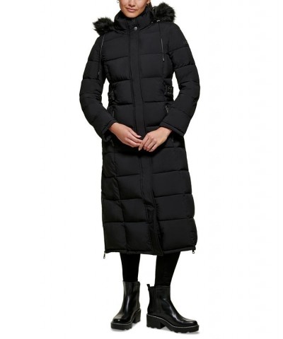 Women's Faux-Fur-Trim Hooded Maxi Puffer Coat Black $86.10 Coats