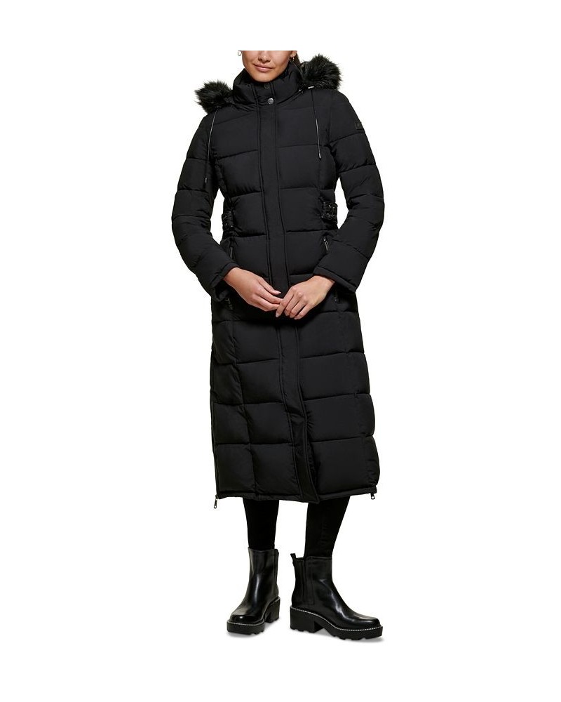 Women's Faux-Fur-Trim Hooded Maxi Puffer Coat Black $86.10 Coats