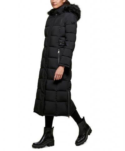 Women's Faux-Fur-Trim Hooded Maxi Puffer Coat Black $86.10 Coats