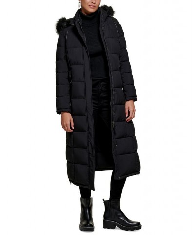 Women's Faux-Fur-Trim Hooded Maxi Puffer Coat Black $86.10 Coats