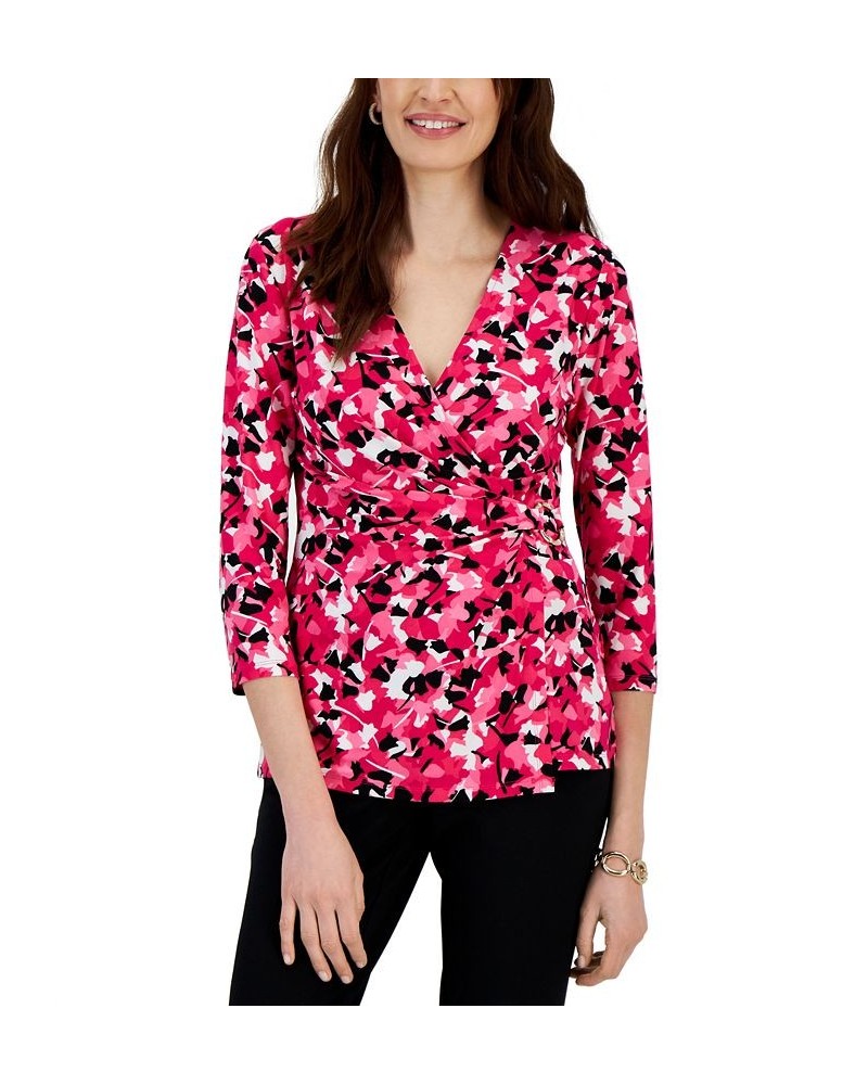 Printed 3/4-Sleeve Wrap Buckle Blouse Pink $34.76 Tops