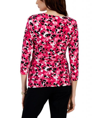 Printed 3/4-Sleeve Wrap Buckle Blouse Pink $34.76 Tops