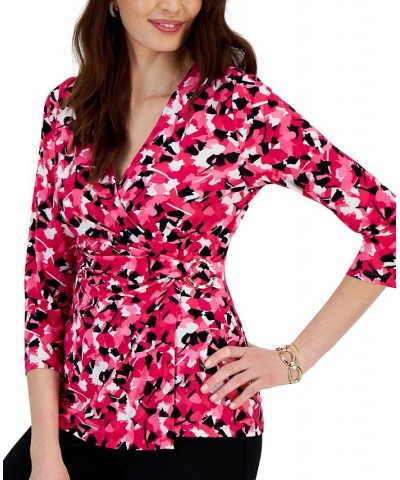 Printed 3/4-Sleeve Wrap Buckle Blouse Pink $34.76 Tops