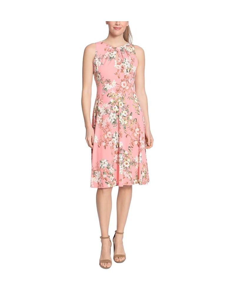 Petite Pleated Keyhole Floral-Print Midi Dress Pink $50.49 Dresses