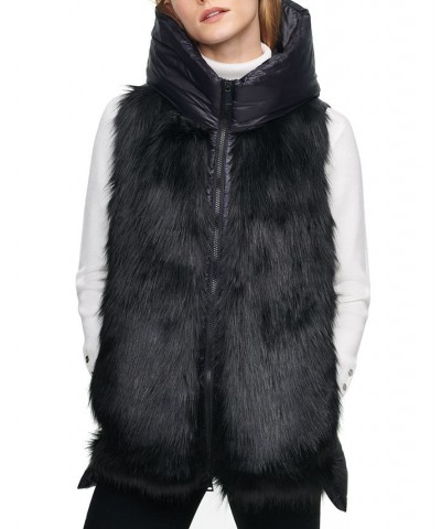 Women's Hooded Faux-Fur Puffer-Contrast Zip-Front Vest Black $44.73 Jackets