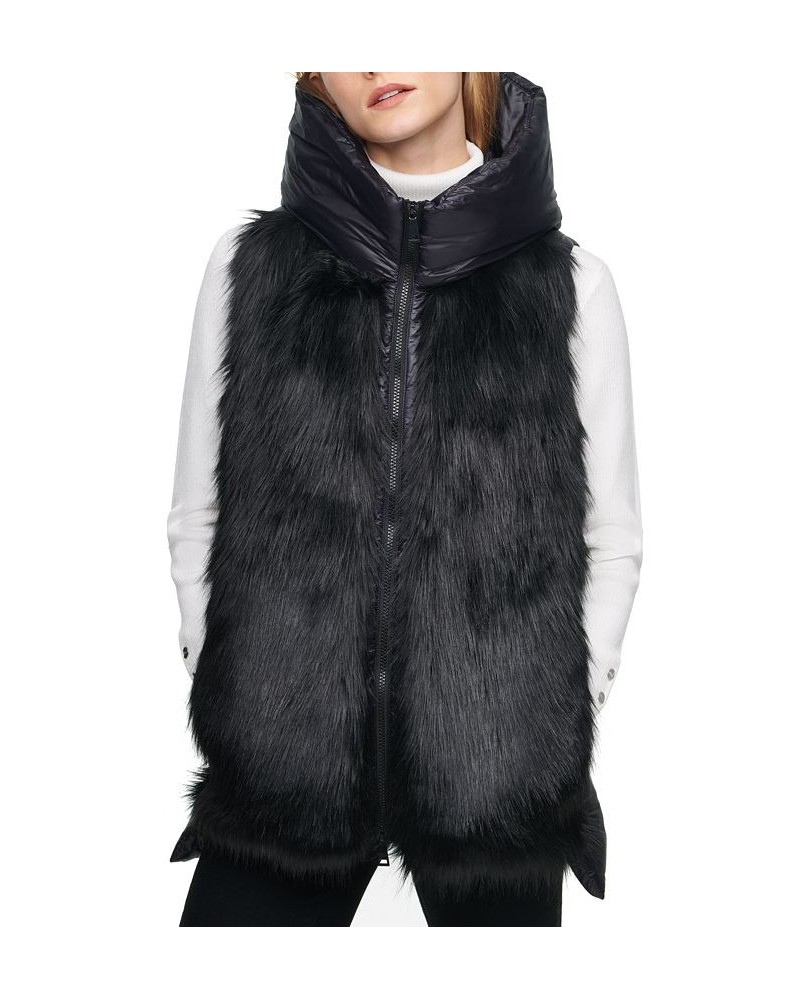 Women's Hooded Faux-Fur Puffer-Contrast Zip-Front Vest Black $44.73 Jackets