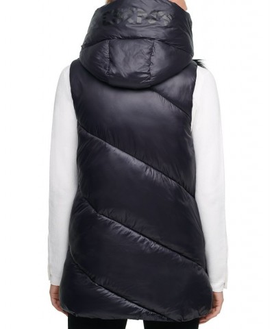 Women's Hooded Faux-Fur Puffer-Contrast Zip-Front Vest Black $44.73 Jackets